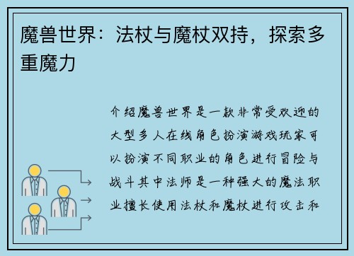 魔兽世界：法杖与魔杖双持，探索多重魔力